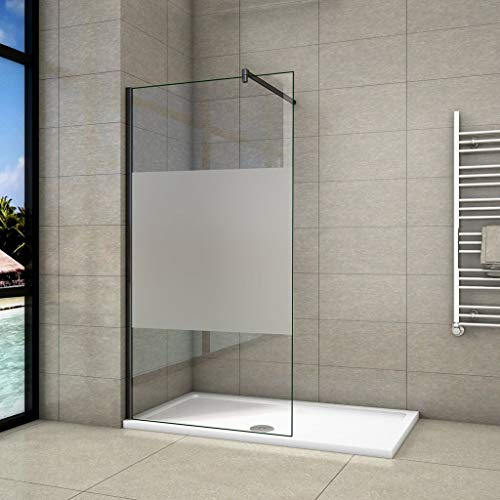 Walk In Doccia 70x200cm Vetro 8mm Striscia Satinata/Opaca Barra 90cm | ANTI FRANTUMI, Anticalcare, Vetro Temperato, Telaio Nero Opaco