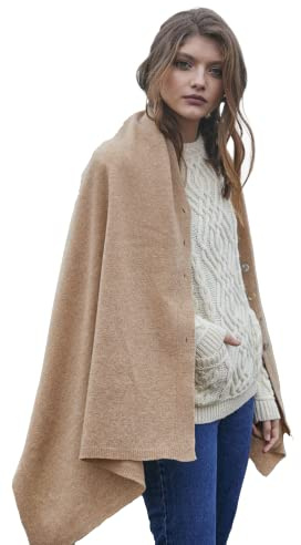 SAOL Poncho en laine d'agneau léger pour femme - Taille unique, camel, taille unique