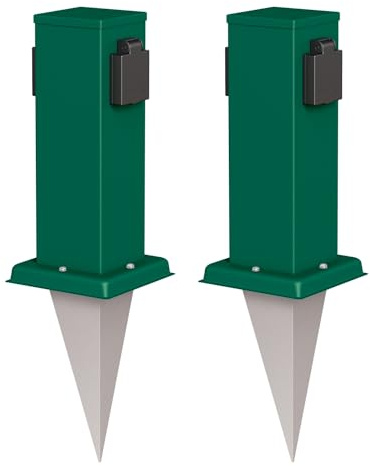 ledscom.de 2X Garten-Steckdosen-Säule Polly mit Erdspieß für außen, IP44, 2-Fach, grün, eckig, 27cm