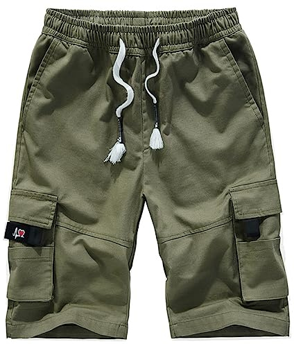 iCKER Mens Cargo Shorts Summer Casual Elastic Loose Fit Combat Work Shorts Cotton Multi Pocket Army Green