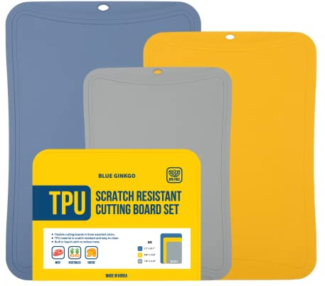 Blue Ginkgo TPU Cutting Mats [Set of 3] – Korean-Made Flexible, Knife-Friendly, Durable Kitchen Cutting Boards (Blue, Yellow, Gray)