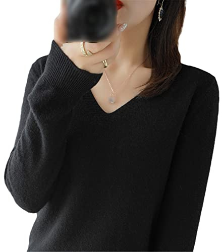 Pull pour femme en tricot cachemire avec col en V - Décontracté - Doux et fin - Pour l'automne et l'hiver, Noir , XL
