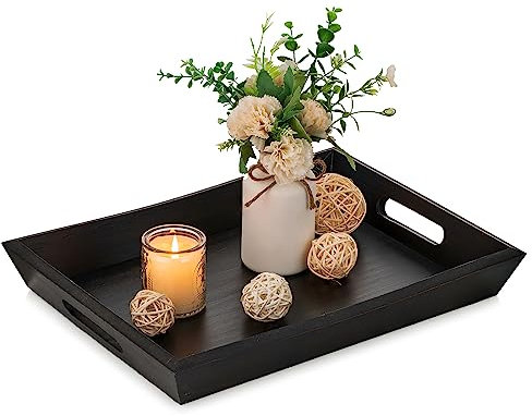 Hanobe Tablett Serviertablett Holztablett Deko: Rechteckig Holz Servier Tabletts für Kaffee Tabelle Holztabletts mit Griff für Wohnzimmer Tisch Dekoration, Schwarzbraun
