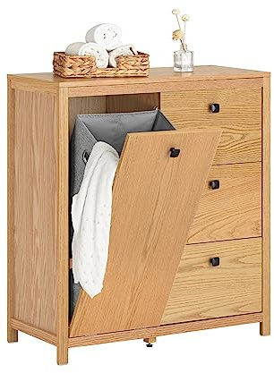 SoBuy Armoire à Linge avec Sac à Linge, Meuble Bas de Salle de Bain, Commode pour Salle de Bain, Armoire Toilette avec 3 Tiroirs et 1 Panier à Linge, Naturel, 80x35x90 cm, BZR97-N