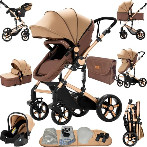 Prokoke Kinderwagen 3 in 1, Kinderwagen Set Einem Klick Faltbar, Kombikinderwagen 3 in 1 mit Umkehrbarem Zwei-Wege-Schub, Buggy Rahmen Aluminiumlegierung Baby Kleinkind Neugeborene (khaki 588)