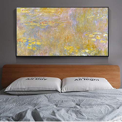 HYFBH Monet Seerosen Gemälde Reproduktionen an der Wand Impressionistische Landschaft Blumen Wandkunst Leinwand Bilder für Wohnzimmer 85 x 170 cm (34 x 67 Zoll) Innenrahmen