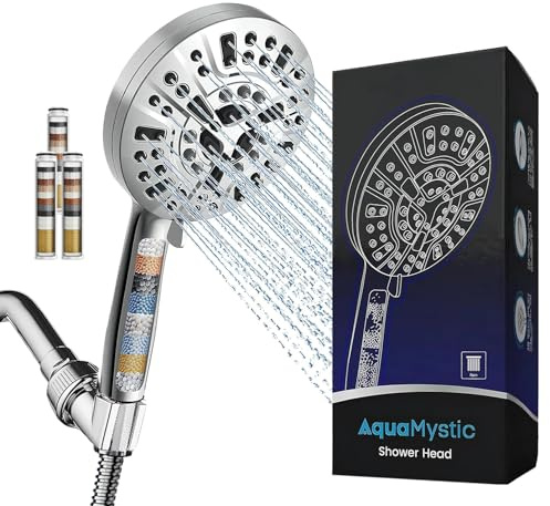 AquaMystic Luxury Shower Head Set - 10 Modes, Stainless Steel, Handheld, Wall Mounted, Mist, 10 Settings, Extra-Long Hose, 3 Filtration System, Adjustable Bracket