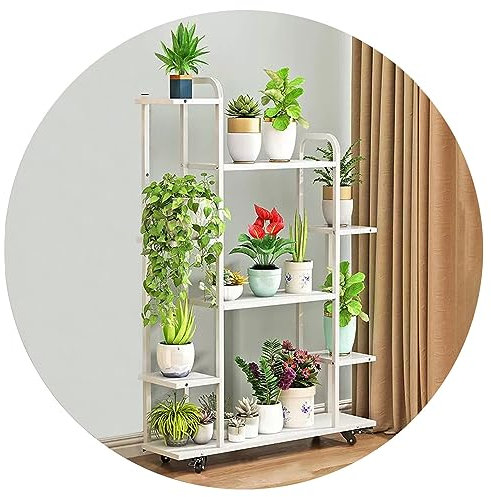 LIGUOYI Metall Blumentreppe 4/5/6 Stufen Blumenetagere Mit Rad, Blumentopf Dekos Blumentreppe Mit Aufhängestange, Belastbarkeit 150kg, Blumentopf Organizer Halter Regal Für Drinnen Und Draußen