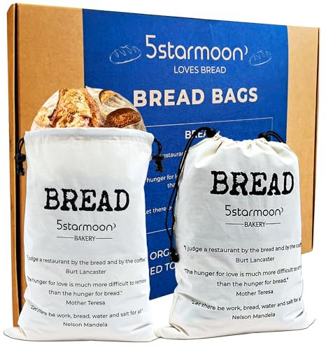 Organic Reusable 100% Cotton Bread Bags - Large, Pack of 2 (13x15-inch) | Eco-Friendly, Premium Quality, Easy to Wash, Homemade Bread Storage (Drawstring)