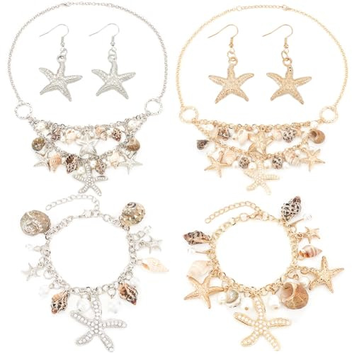 PH PandaHall 2 Sets Muschel Seestern Schmuck Meerjungfrau Schmuckset Perlenhalsband Halskette Armbänder Ohrringe Anhänger Seestern Kostüm Für Halloween Meeresstrand 2 Farben
