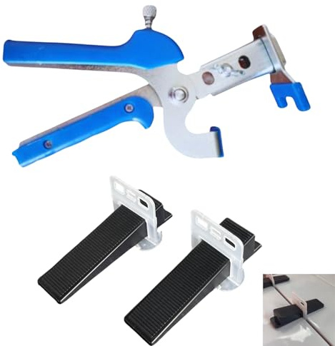 Vidascom XL Fliesennivelliersystem 2mm XL Zuglaschen Fliesenkeile und Metalzange Fliesenstärke 12-22mm geeignet für Marmor und Bodensteine (500 Laschen+200 Keile+Zange)