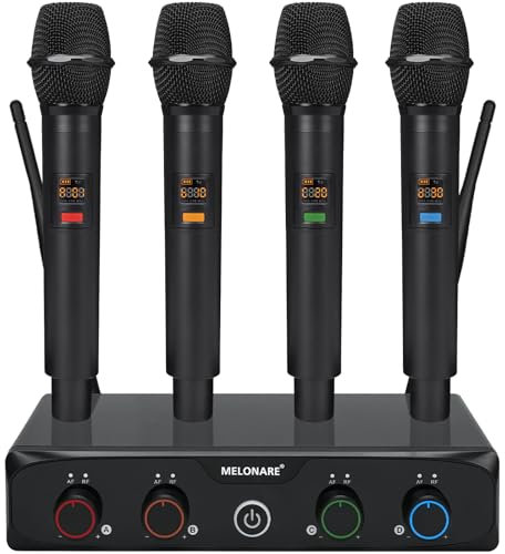 MELONARE Sistema Microfonico Wireless a 4 Canali UHF Compatto, 4x10 Frequenze, Portata di 200 piedi, Microfoni Dinamici Palmari per Canto, Karaoke, Chiesa, DJ, Matrimoni e Altre Occasioni (MWM-41-4H)