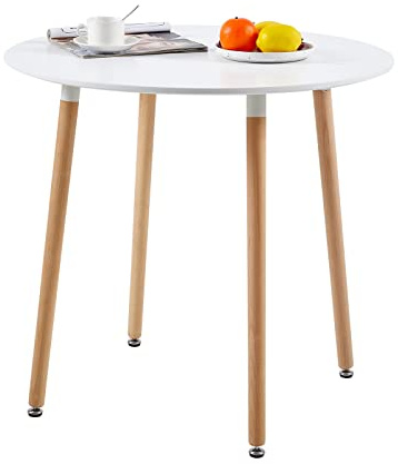 buybyroom Dining Table, Round Kitchen Table, for Living Room, Office, 31.5(80 cm) Diameter High Gloss Small Round Table with Natural Beech Wood Legs, White(Table Only)