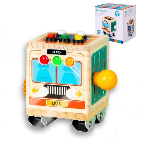 Montessori Busy Board per bambini, giocattolo cubo di attività sensoriale in legno con luce LED per auto, interruttore, volante, ingranaggio, giocattolo per l'apprendimento delle abilità motorie fini