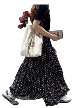 WVFHVISL Gonna Lunga Donna Gonna A Pois Fata Viola Gonna Estiva A Pieghe Drappeggiata con Grande Linea A-Gonna A Punta Wavelet Nera-Media (80-130)