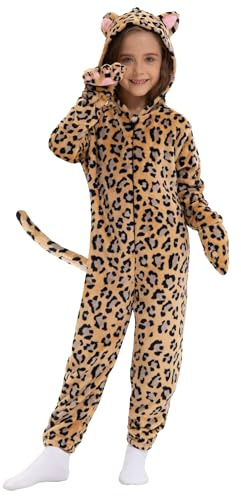 Cheetah Costume Kids Jaguar Costume with Tail Halloween Animal Onesie for Girls Boys(Cheetah, Medium(7-8 Years))