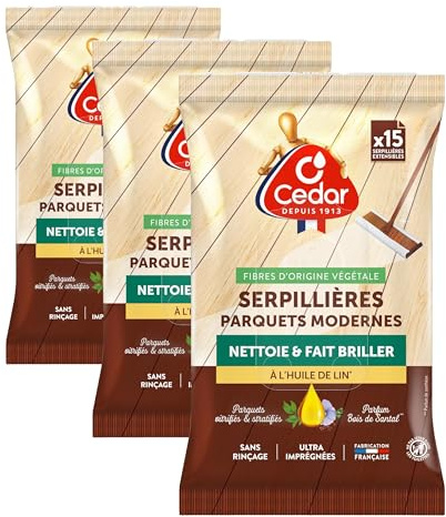 O'Cedar Serpillières Parquets Modernes Fait briller | À l'Huile de Lin | Serpillières ultra-imprégnées sans rinçage | Parquets vitrifiés stratifiés | Fabriqué en France | x15 Serpillières Extensibles