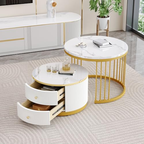 KAZZIO Elegantes 2-teiliges, weißes Couchtisch-Set in Nestform, runde Tische mit hochglänzender Marmoroptik, 2 Schubladen, bis 30kg belastbar,Nesting-Kombination Couchtisch (Weiß+Gold3)
