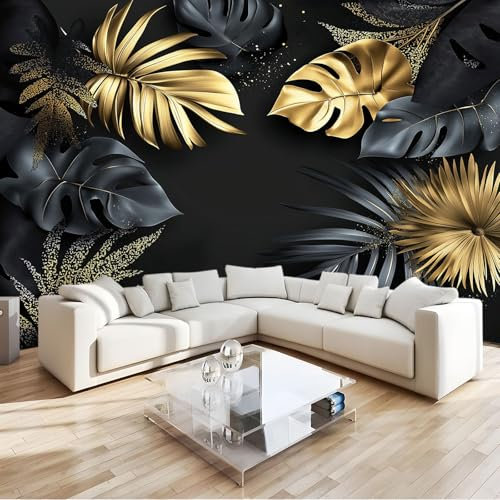 Negro Profundo Fotomural hoja de planta hoja de monstera Fotomural Pared, 250x175 cm Papel Pintado 3D, Fotomurales Decoración de Comedores Moderna Lana Sala Cuarto Salón