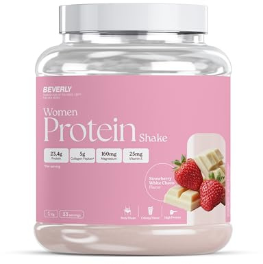 Beverly Women Protein - Proteína de suero especial mujer con colágeno marino, magnesio y vitamina E - 24 g de proteína por servicio - 33 servicios (1 Kg, Choco blanco fresa)