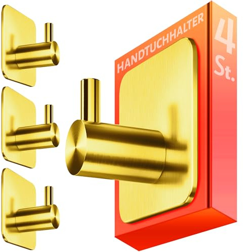 4smile Handtuchhalter ohne Bohren, 4er-Set in Gold | Edelstahl Badezimmer Handtuchhalter, Klebehaken mit guter Tragkraft , Haken selbstklebend, wasserfeste Haken für Bad, Küche