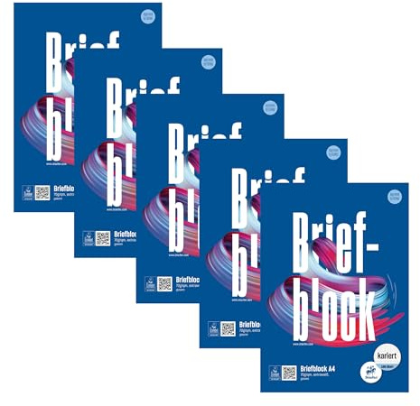 Staufen Style Bloc à lettres - 5 blocs de 100 feuilles de papier à lettres, DIN A4, 70 g/m², quadrillé (5 mm), perforation 4 trous, collé