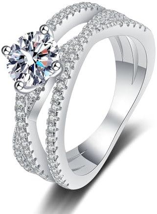 Ring Verlobung, Ringe Für Damen 18 Karat (750) Weißgold Gekreuzt mit 1 Karat Weiß Rundschliff Laborgewachsener Diamant Größe 62 (19.7)