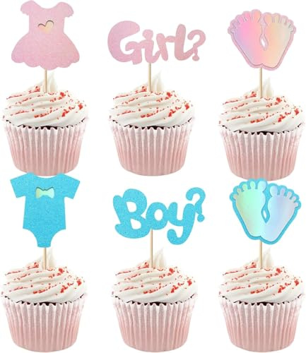 24 Stück Boy or Girl Cupcake Toppers Geschlecht Enthüllen Tortendeko Glitzer Baby Kuchen Deko für Baby Dusche Thema Party Kuchen Dekoendeko Blau Rosa