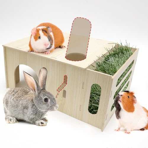 GHWMYD Caseta con Comedero de Heno para Conejo, Cabaña de Madera 2 en 1 para Cobayas con Dispensador de Comida para Pequeños Animales Domésticos, Hámsters Enanos, Chinchilla