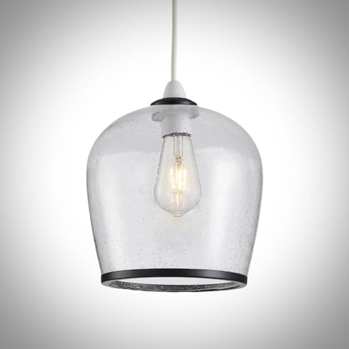 HARPER LIVING Easy Fit Pendant Light Glass Shade with Bubbles, Matt Black Finish, 22CM Diameter, E27/B22 Lamp Shade with Reducer Ring for Ceiling Lighting