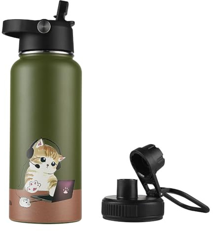Funkrin Insulated Water Bottle with Straw Lid & Spout Lid, 32oz Personalized Vacuum Stainless Steel Travel Mug, Leak Proof Double Wall Bottle for Hot & Cold Beverages
