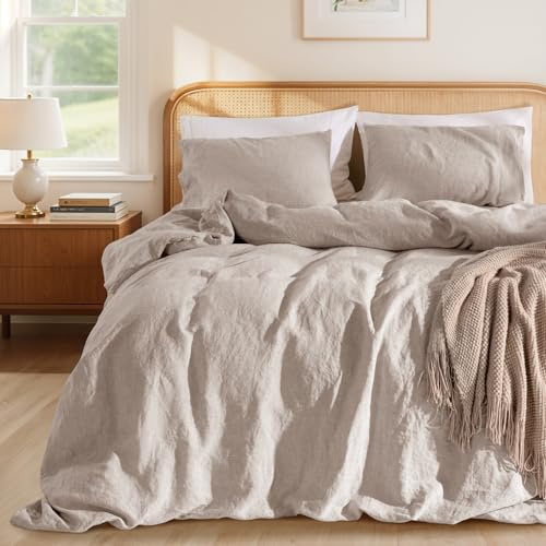 LBRO2M 100% France Linen Duvet Cover Set King Size 3 Pcs Natural Flax Comforter Cover with Zipper Closure 2 Pillowcase Breathable Duvet Cover (Linen King)