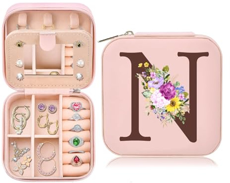 Toozen Initiale Schmuckkästchen Mädchen Damen, Personalisierte Geschenk für Frauen, Kleine Reise Schmuckkästchen mit Spiegel, Geschenk für Geburtstag Muttertag Hochzeit(Rosa, N)