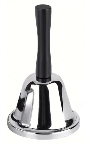 eMKay® Small Silver Hand Bel with Black Handle – 12cm Stainless Steel Call Bell for Elderly Service Desk School Reception Wedding & Santa Xmas Use – Loud Butler Bell with Classic Design