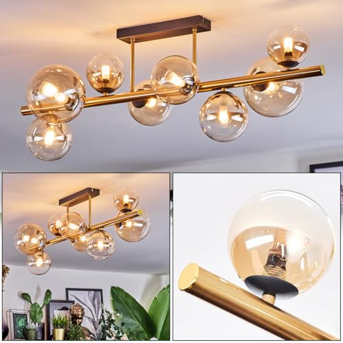 HOFSTEIN Deckenleuchte Chehalis, 8-flammige Deckenlampe aus Metall/Glas in Schwarz/Gold/Bernstein/Klar, moderne Leuchte Retro-Design (Schirme Ø 15 cm), G9, Esszimmer, Wohnzimmer, Schlafzimmer