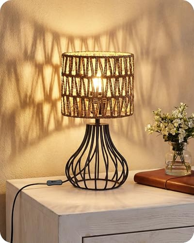 GOEBLESON Kleine Nachttischlampe Rattan Schwarz, moderne Tischlampe | mit E27 4W LED Birne, Fensterbank Lampe, Industrial Landhause Tischleuchte mit Kabel, für Nachttisch, Schlafzimmer, Hotel