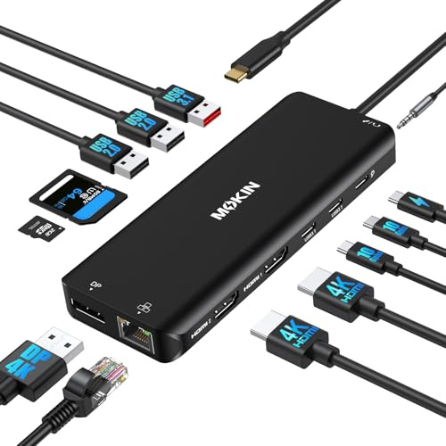 MOKiN Docking Station Triple Display, USB C Dockingstation 2 HDMI | Multiport Adapter Con 2x 4K HDMI, DisplayPort, Ethernet, USB 3.1 10Gbps, USB C Hub 2 Monitor für Dell/HP/Lenovo(Schwarz)