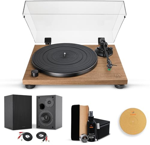 Audio-Technica AT-LPW40WN Fully Manual Belt-Drive Stereo Turntable (Walnut) with 4 Inch Powered Bookshelf Speakers (Pair), Premium Vinyl Record Cleaning Kit and Cork Turntable Platter Mat - Bundle Set