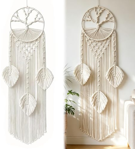 Makramé drömfångare vägghängande vävd väggbonad handgjord väggbonad boho väggdekoration, livets träd gobeläng boho väggdrömfångare med tofsar hantverk för sovrum vardagsrum
