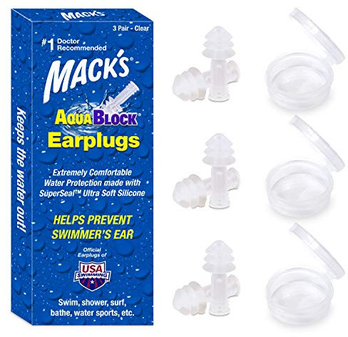 Mack's AquaBlock Swimming Earplugs, 3 Pair - Comfortable, Waterproof, Reusable Silicone Ear Plugs for Swimming, Snorkeling, Showering, Surfing and Bathing (Clear)