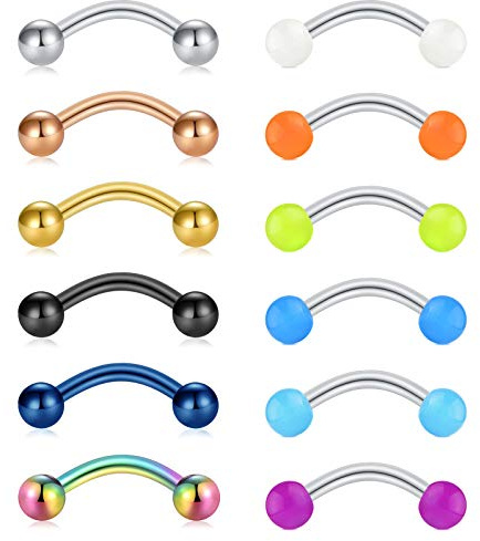 Briana Williams 12 Piezas Barra de Cejas Piercing Rook 16G Acero Quirúrgico Barbell Curvo Helix Daith Tragus Pendientes Joyería