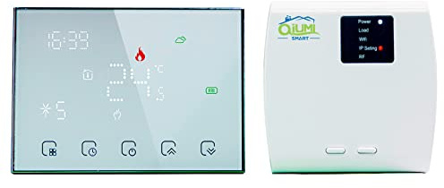 Qiumi RF Smart Wifi Termostato inalámbrico para calefacción individual de caldera de gas/agua funciona con Alexa Google Home Dry Contact, pantalla de luz matricial LED, 3A 2AA batería