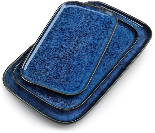 vancasso Stern Serving Platters Set of 3, 15/13/ 11 Inches Rectangular Serving Plates, Blue Serving Trays for Entertaining, Party