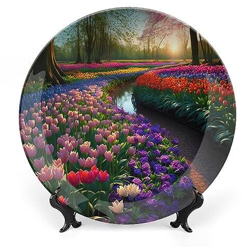 Gokays Decorative Plates for Wall Hanging, Spring Tulip Flower Park Ceramic Plate, Wobble-Plate with Display Stand, Home Decor for Kitchen Cabinets, Farmhouse Round Tray 6 Inch