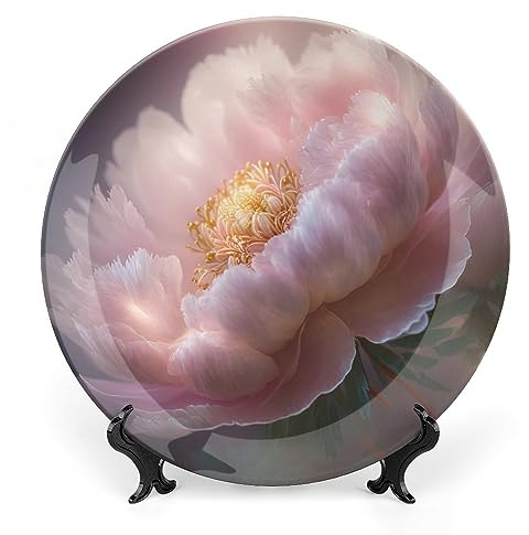 Gokays Decorative Plates for Wall Hanging, Pink Shakuyaku Chinese Peony Flower Ceramic Plate, Wobble-Plate with Display Stand, Home Decor for Kitchen Cabinets, Farmhouse Round Tray 6 Inch
