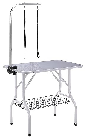 The Fellie Foldable Dog Grooming Table with Adjustable Height Arm, Heavy Professional Pet Grooming Table with Noose & Mesh Tray, Dog Beauty Table for Small/Large Dogs Cats, 91x 61x 80cm, Black