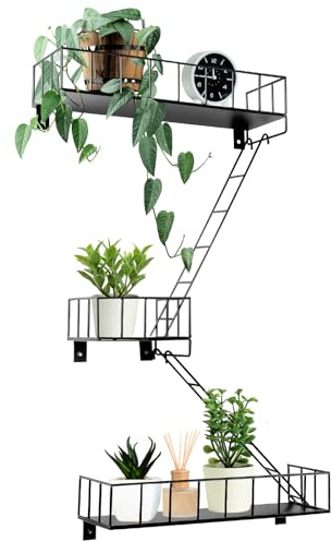 Zonon Fire Escape Wall Shelf Hanging Metal Ladder Shelves Wall Decor Cool Bookshelf Organizer Floating Shelves Action Figure Shelf for Home Bedroom Storage Display(Black,Short 3 Tier)