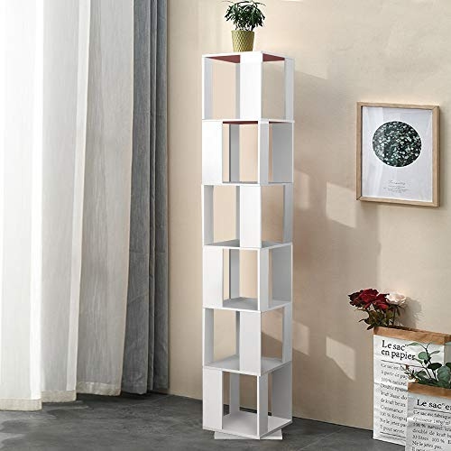 Pantanal 6 Tier Tall Rotating Bookcase, Living Room Wood Bookshelf Display Shelf Floor Freestanding for Corner Home Office Decor (White)