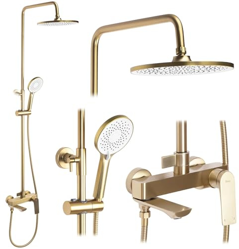 Rea Duschsystem AVALON GOLD BRUSH Duschset Duscharmatur mit Duschkopf und Kopfbrause aus Messing Duschgarnitur für Badezimmer (Gebürstetes Gold)