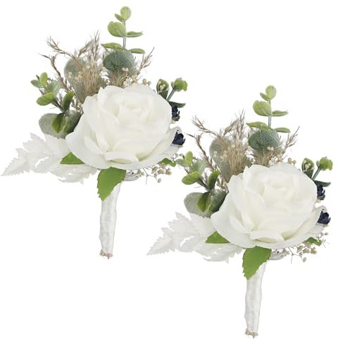 Rinlong 2 Stück weiße grüne Ansteckblumen für Herren, Hochzeit, Bräutigam, künstliche Blume, Boho-Boutonniere, Trauzeugen, Boutineer, Abschlussball, Heimkehr-Zubehör